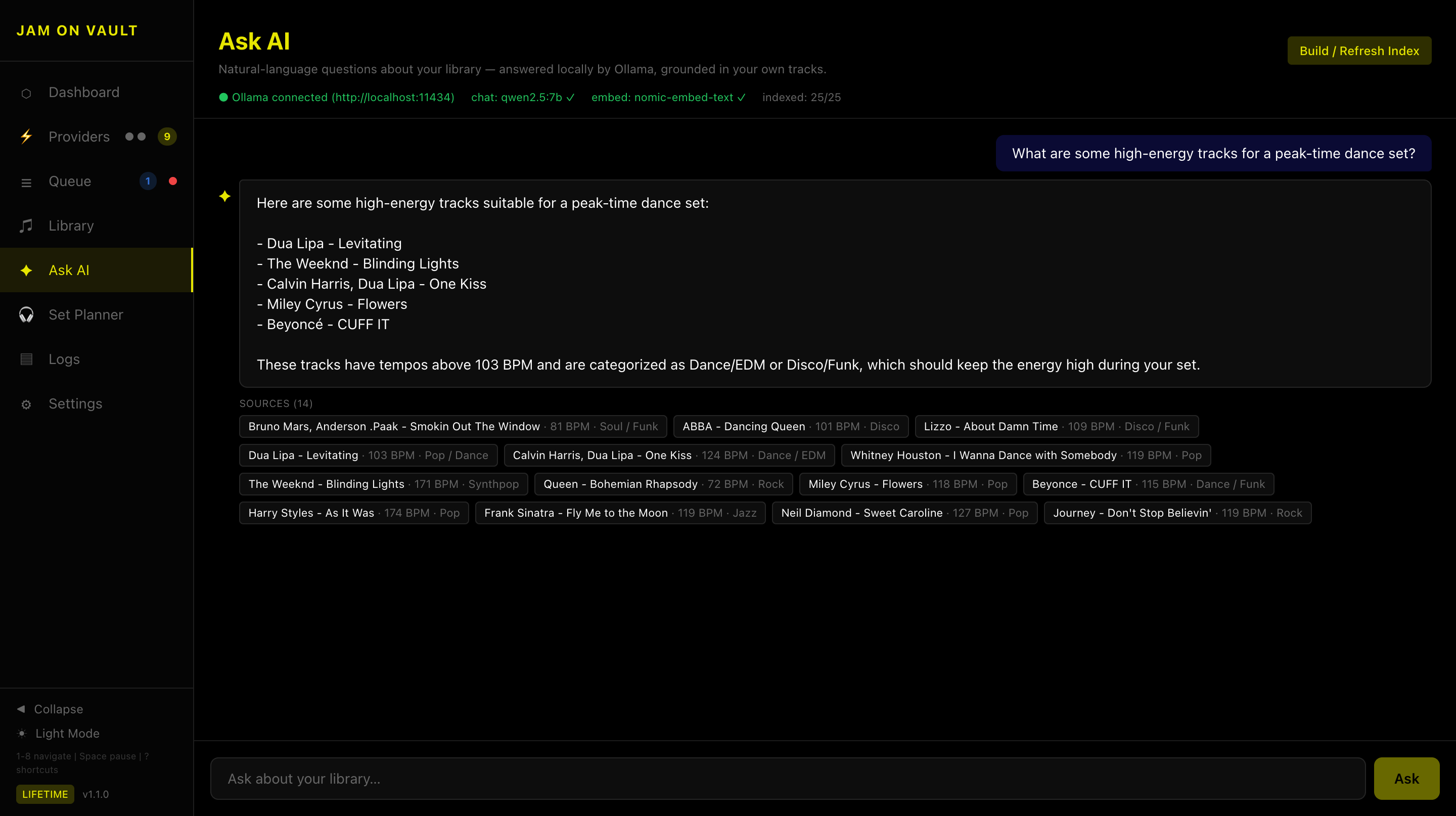 Local AI assistant answering a question about the library with cited source tracks