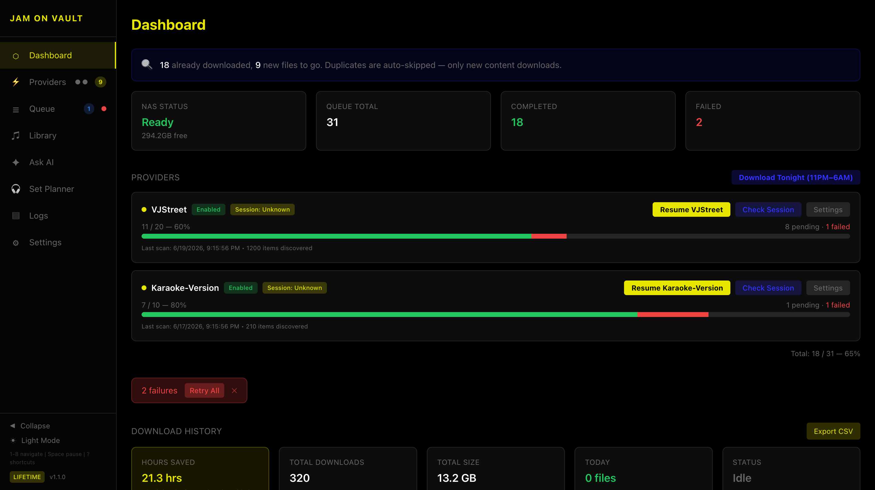 JAM ON VAULT Dashboard — download stats, NAS status and provider progress