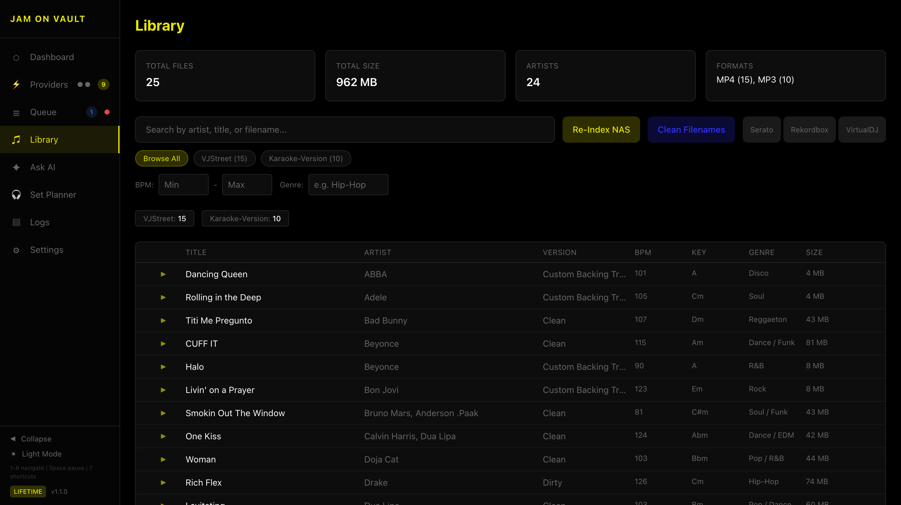 Library view with BPM, key and genre tagging plus Serato and Rekordbox crate export