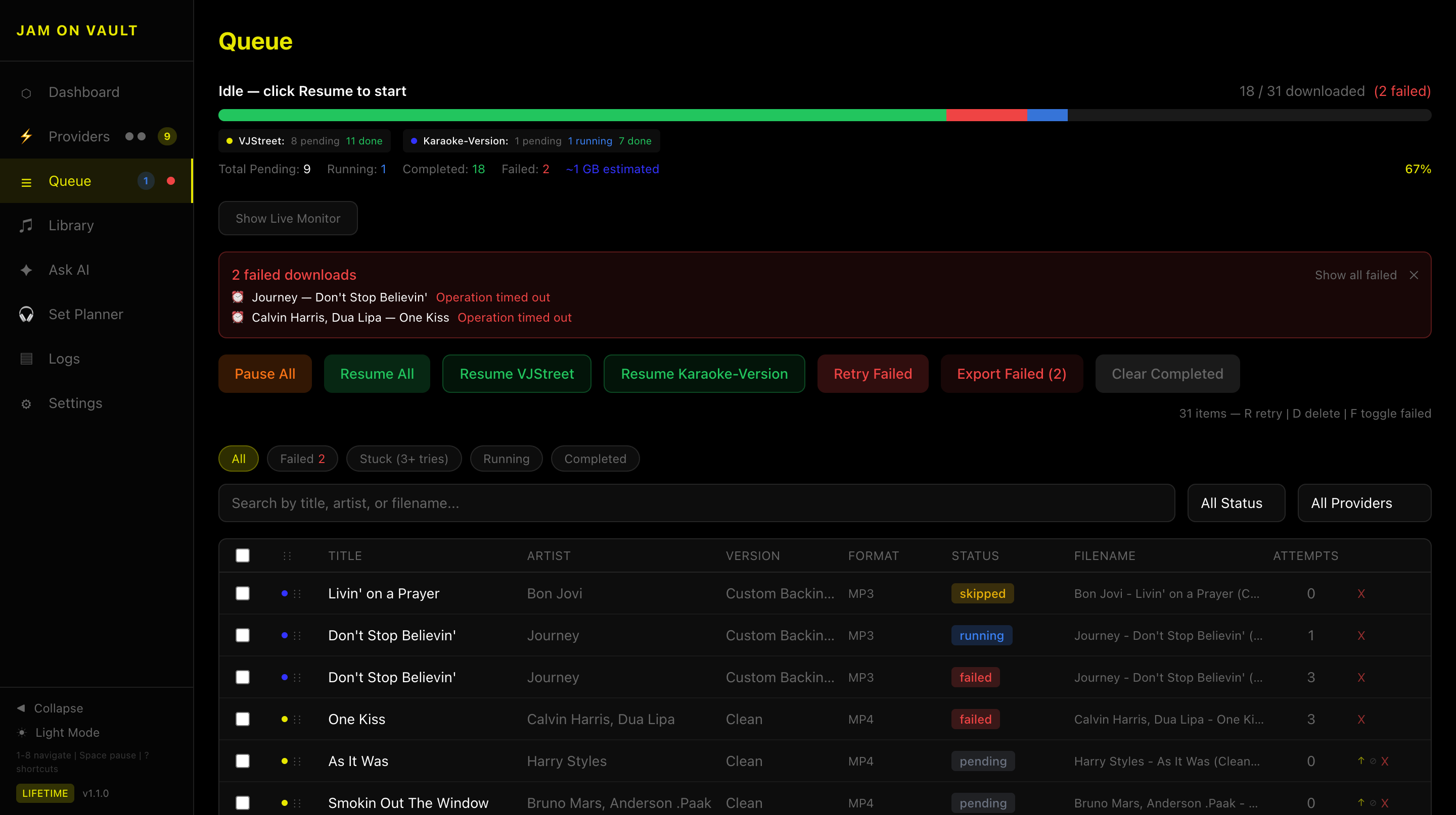 Download queue with progress, status badges and retry controls